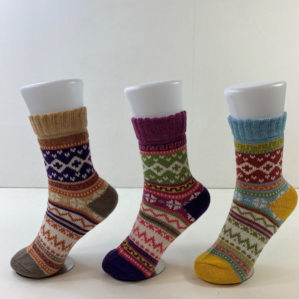 Womens Nordic Pattern Crew Socks 3 Pack Ribbed Cuff Purple Blue Brown